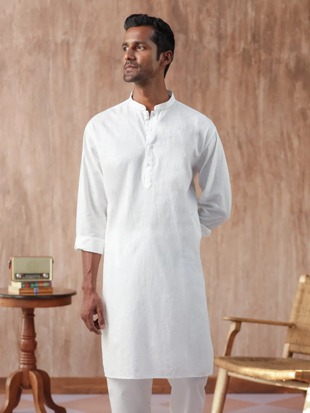 100% Cotton White Mandarin Collar Kurta - Harmony