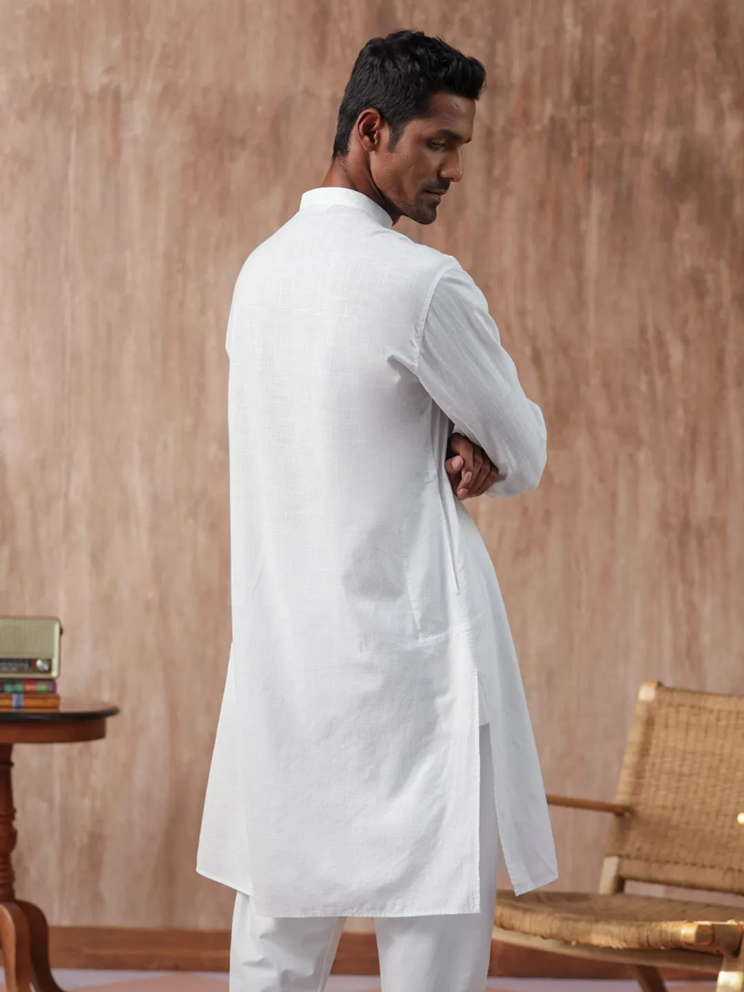 100% Cotton White Mandarin Collar Kurta - Harmony