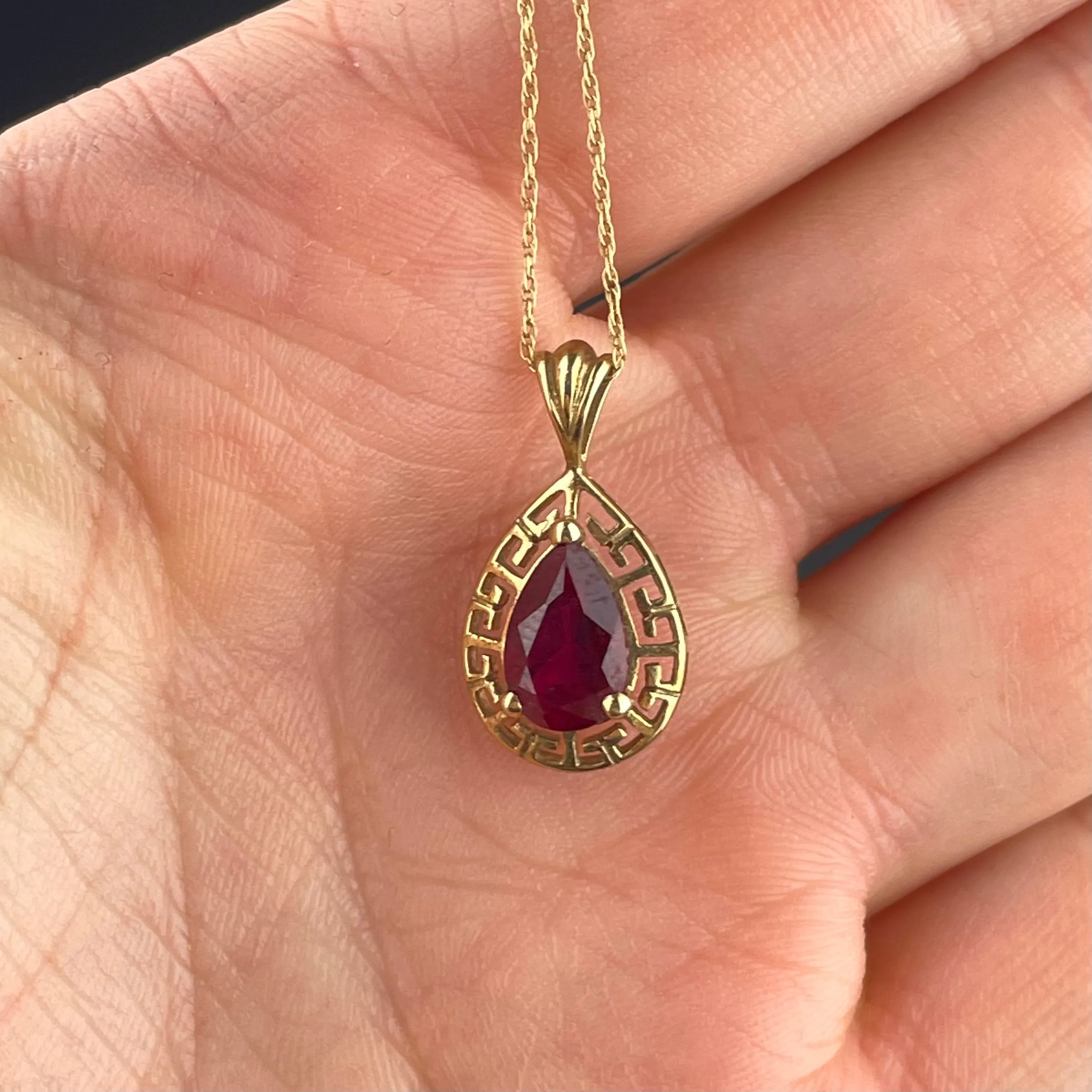 10K Gold Greek Key Ruby Pendant Necklace