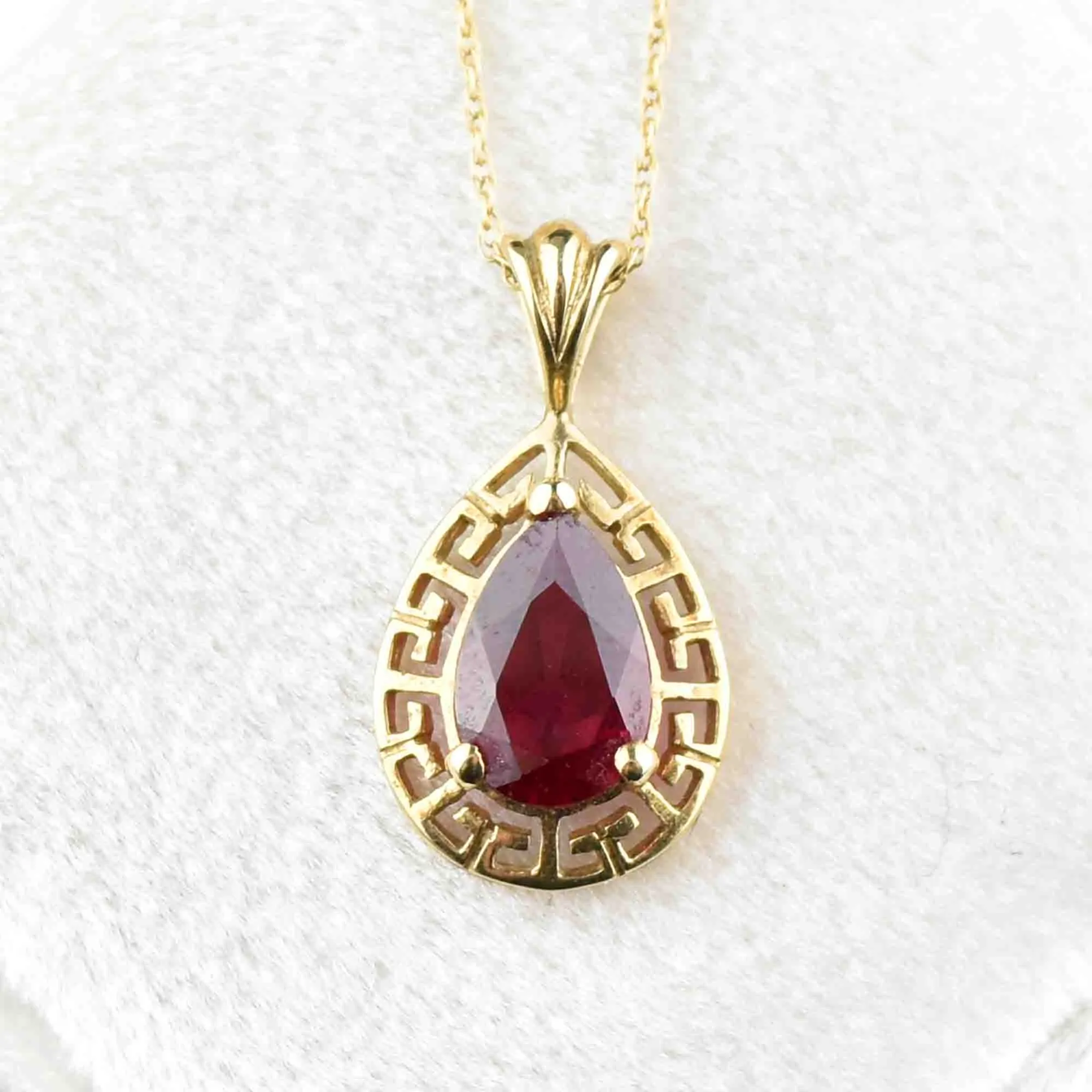 10K Gold Greek Key Ruby Pendant Necklace