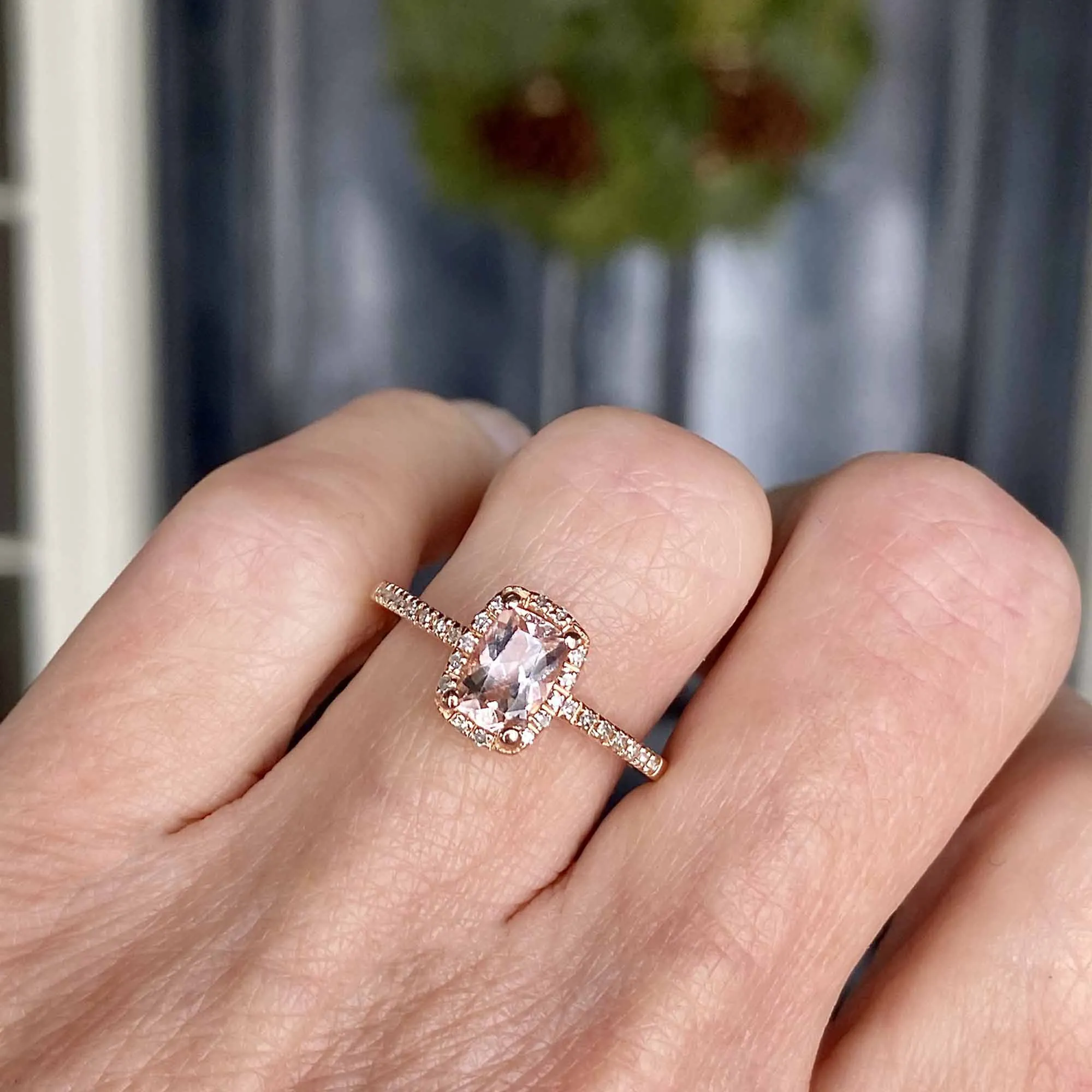 14K Rose Gold Diamond Halo Morganite Ring