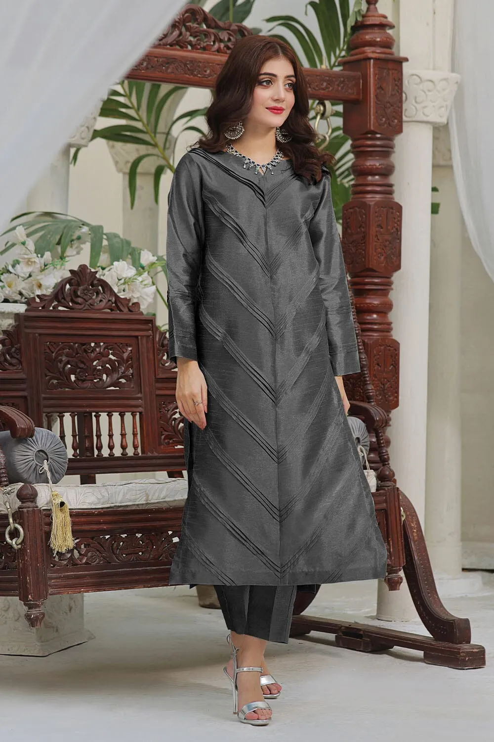 2PC Stitched Silk Shirt & Trouser Dark Grey KFS-2370