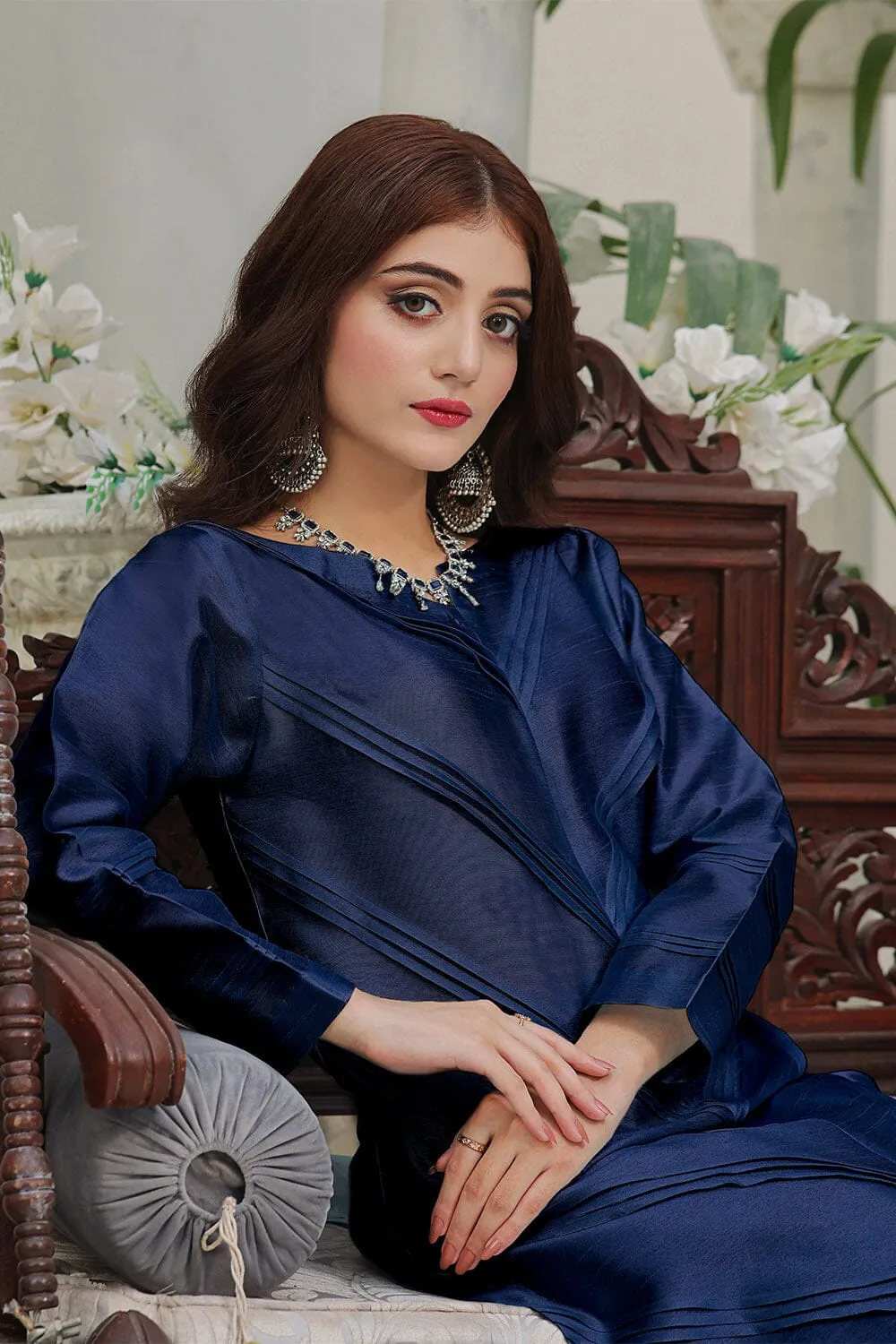 2PC Stitched Silk Shirt & Trouser Navy Blue KFS-2370