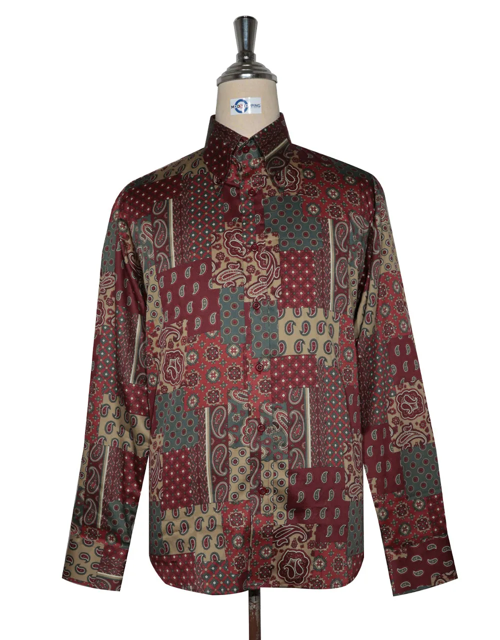 60s Style Burgundy, Khaki and Green Paisley  Shirt