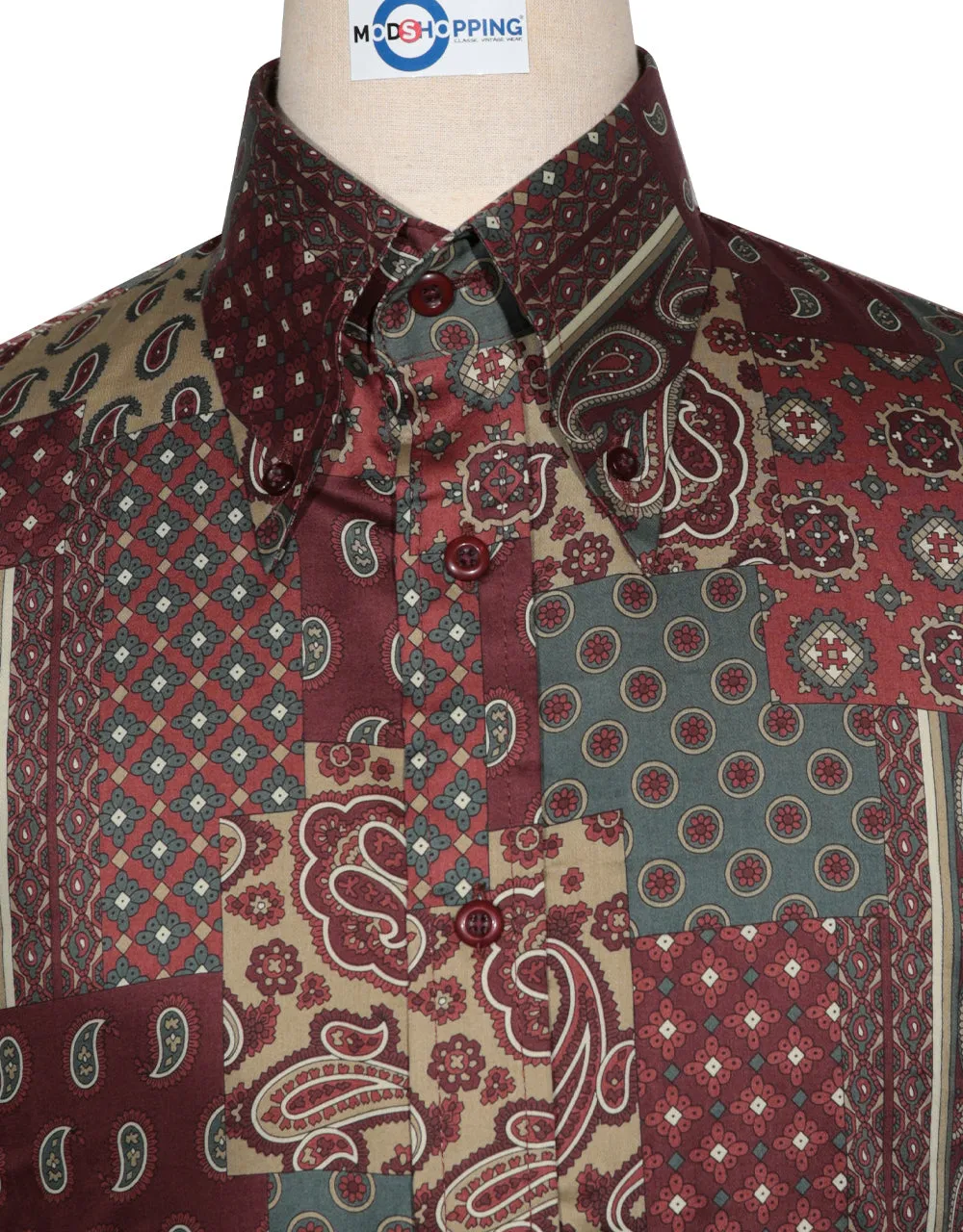 60s Style Burgundy, Khaki and Green Paisley  Shirt