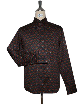 60s Style Dark Navy Blue, Olive Green and Maroon Flower Shirt