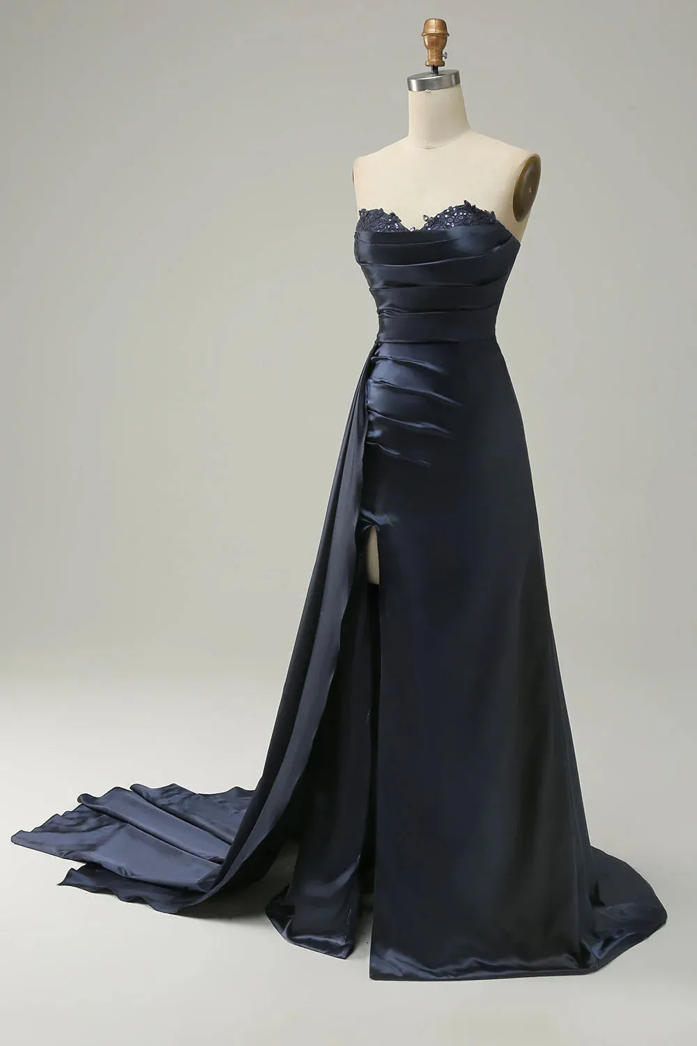 A Line Sweetheart Navy Blue Front Split Long Prom Dress