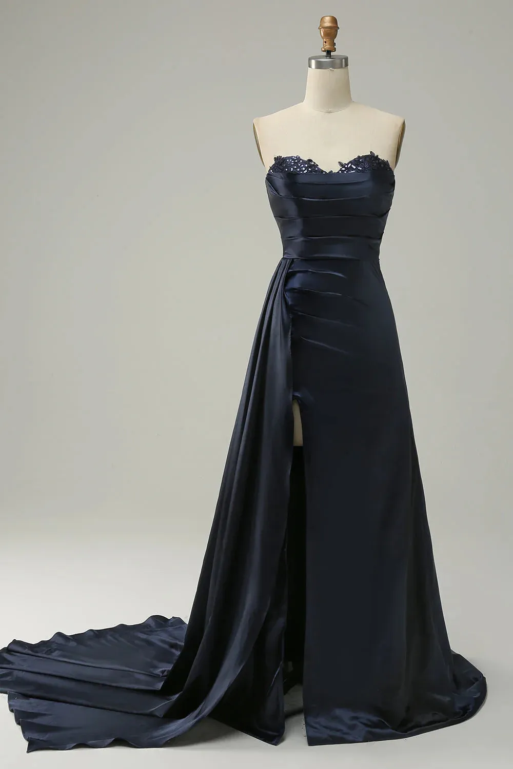 A Line Sweetheart Navy Blue Front Split Long Prom Dress