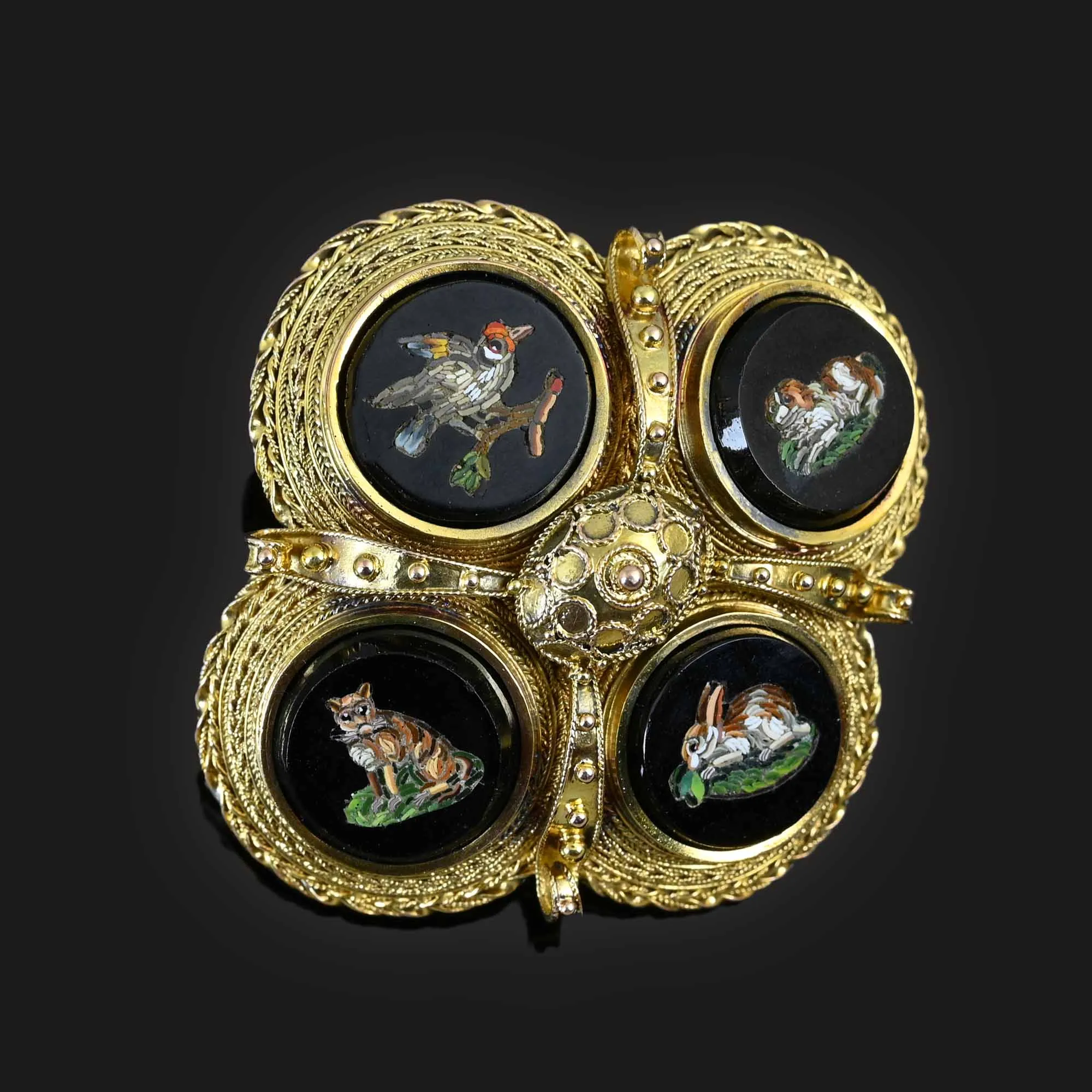 Antique Etruscan Micro Mosaic Animal Brooch in 14K Gold