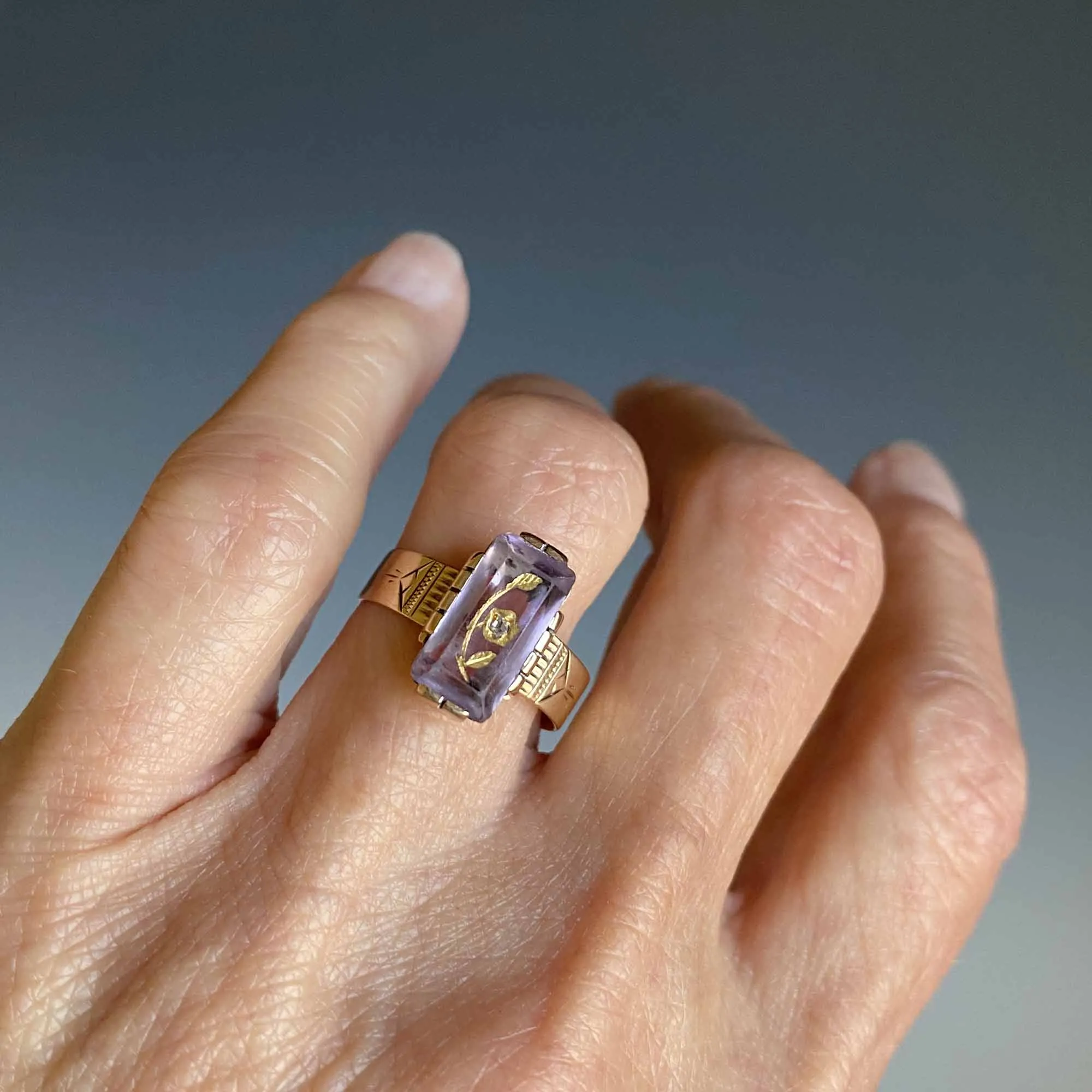 Antique Rose of Sharon Intaglio Diamond Amethyst Ring