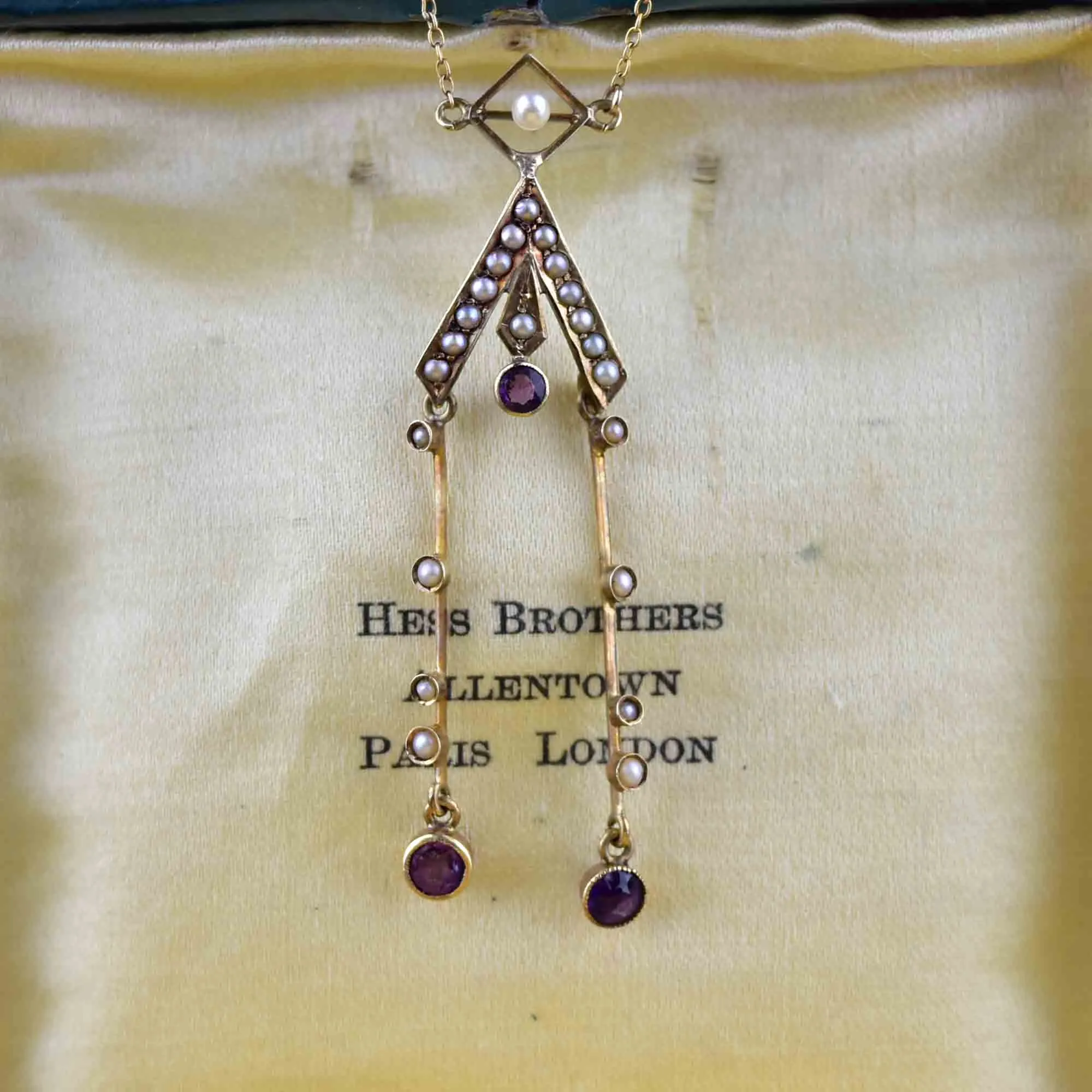 Antique Victorian 14K Gold Amethyst Seed Pearl Lavaliere Necklace