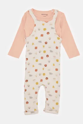 Baby Beige And Apricot Printed Dungaree Set (2 Piece)