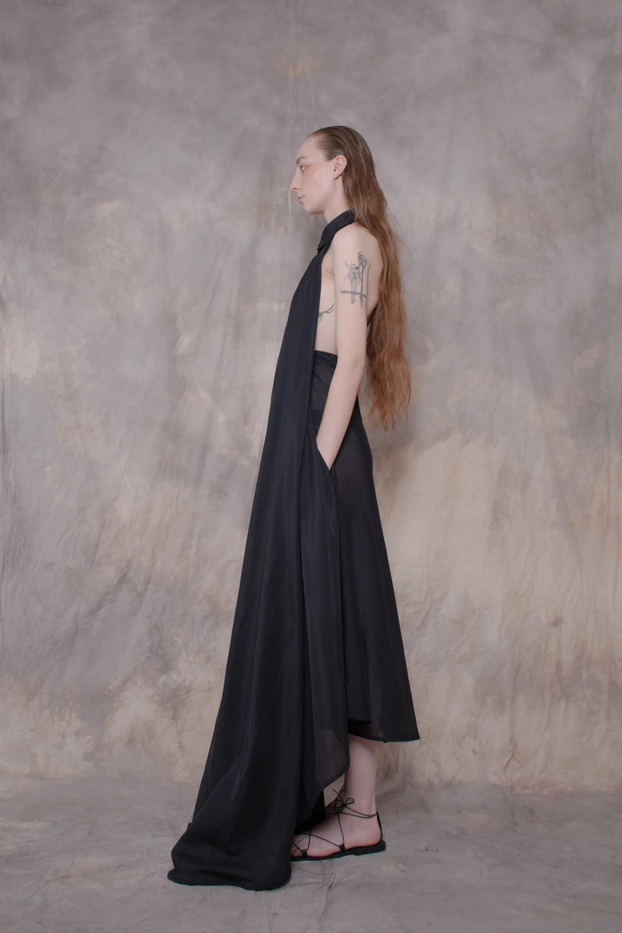 Backless Black Silk Shirt-dress