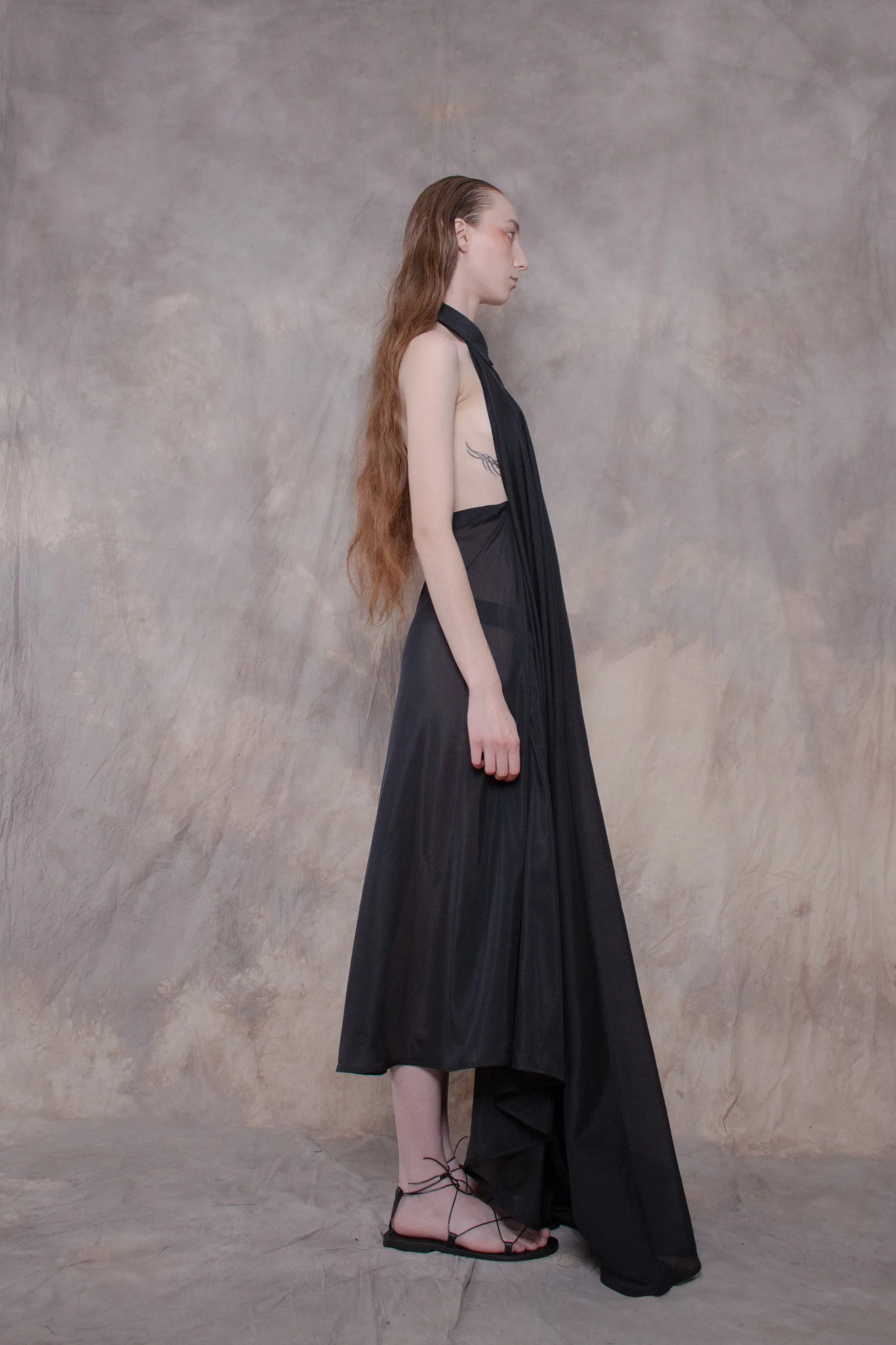 Backless Black Silk Shirt-dress