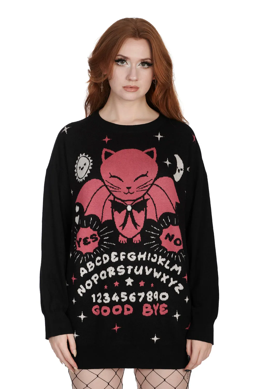 Banned Ouija Night Bat Cat Jumper in Black and Pink Knitted