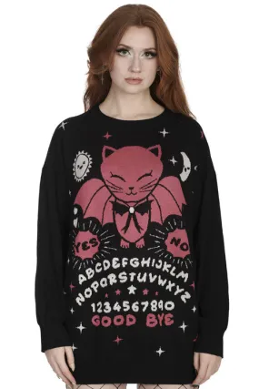 Banned Ouija Night Bat Cat Jumper in Black and Pink Knitted