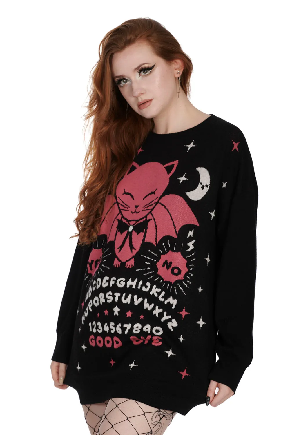 Banned Ouija Night Bat Cat Jumper in Black and Pink Knitted