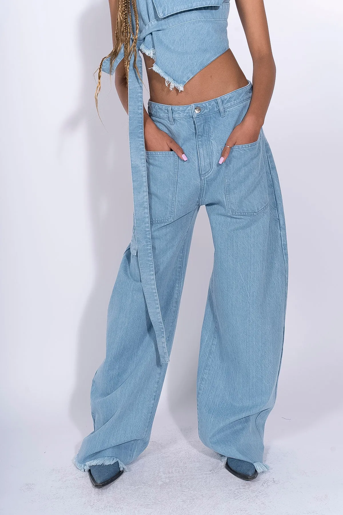 BLUE DENIM PATCH POCKET BOYFRIEND TROUSERS