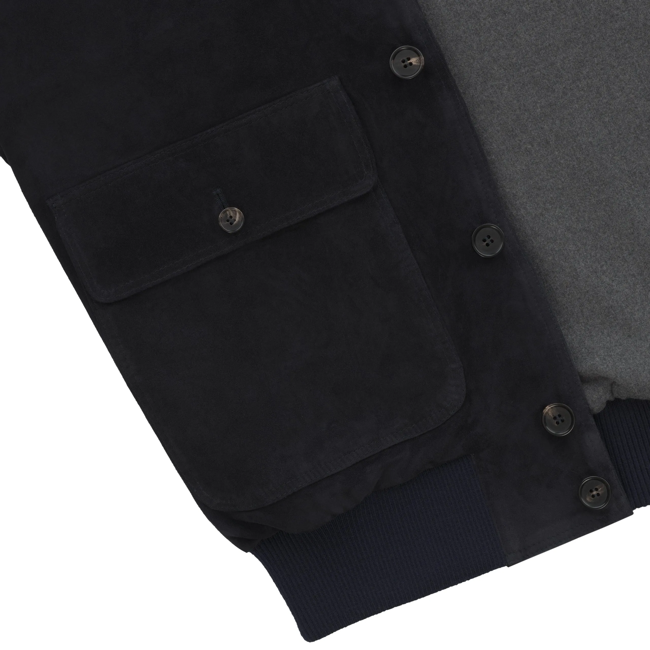 Button-Up Suede Bomber Jacket in Navy Blue