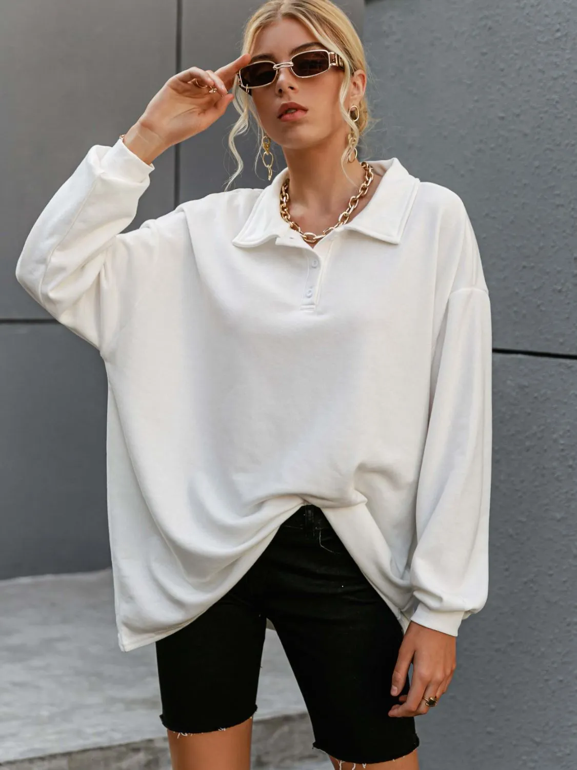 Buttoned Dropped Shoulder Sweatshirt