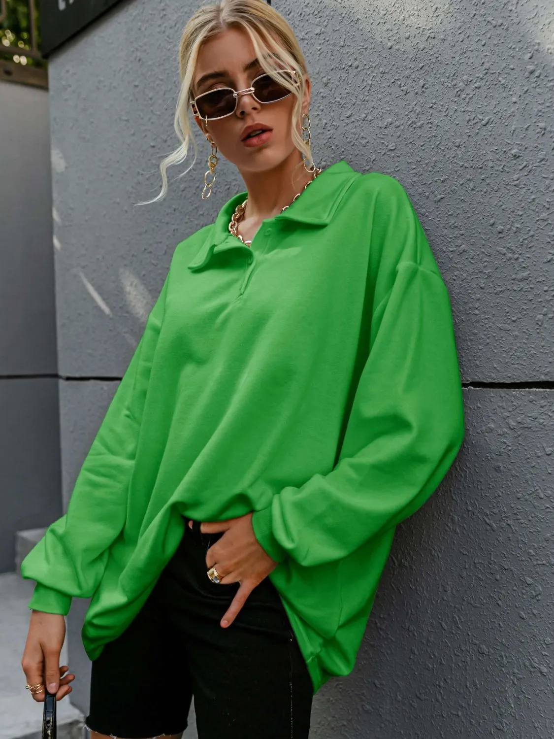 Buttoned Dropped Shoulder Sweatshirt