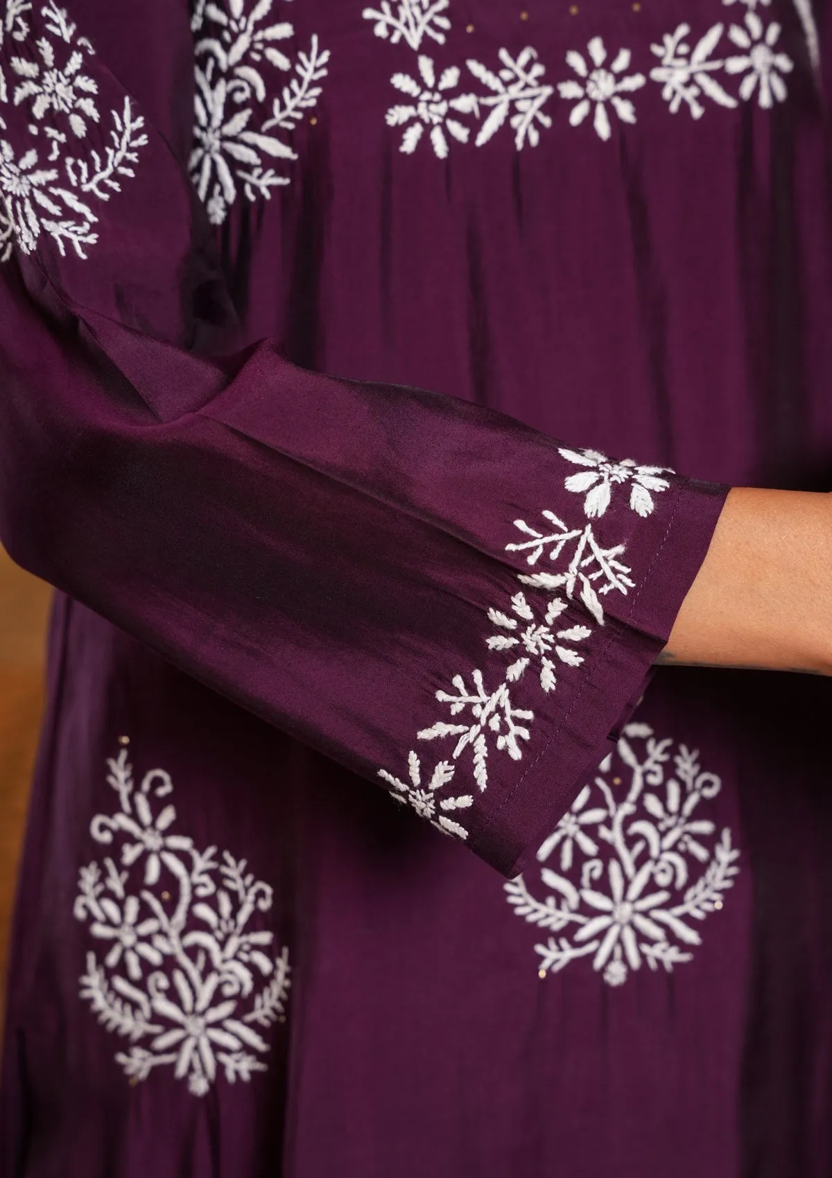 Chanderi Chikankari Solid Women's Long Kurta - Dark Purple