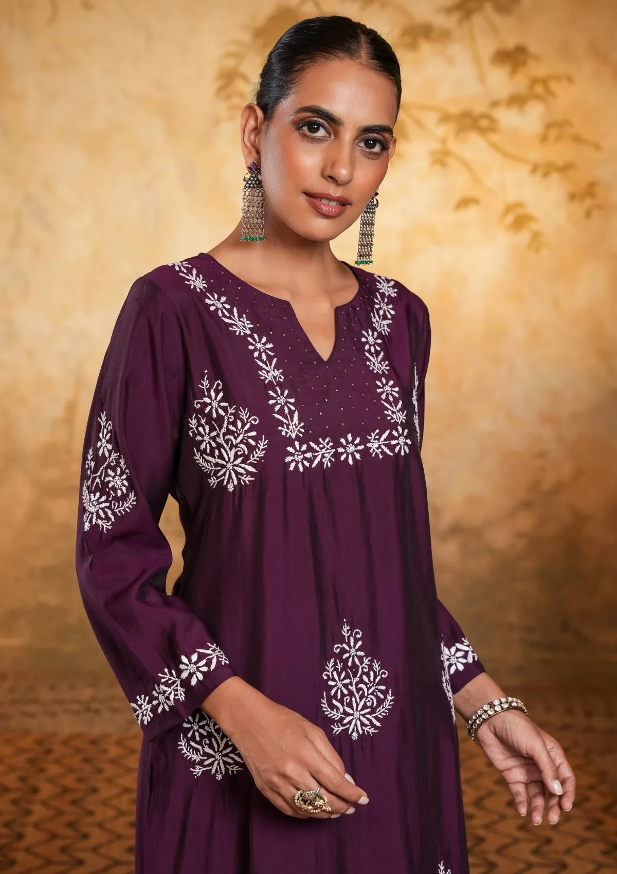 Chanderi Chikankari Solid Women's Long Kurta - Dark Purple