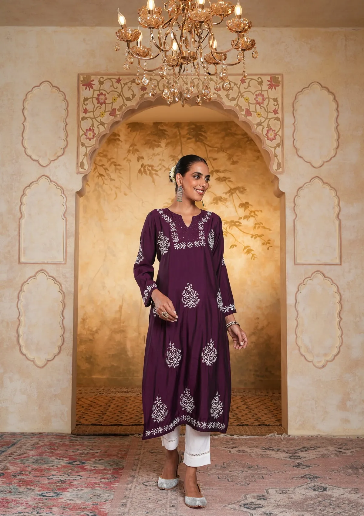 Chanderi Chikankari Solid Women's Long Kurta - Dark Purple