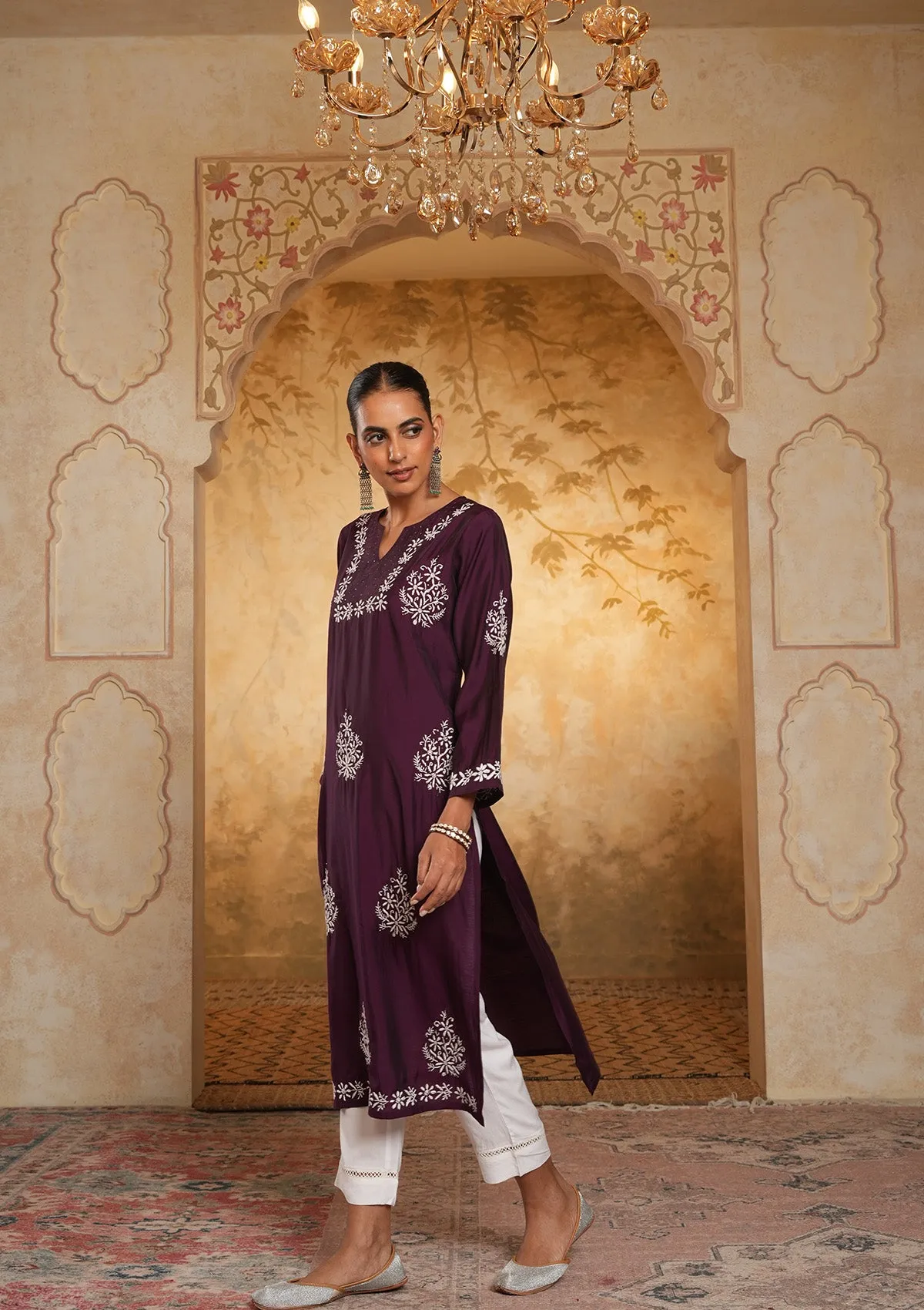 Chanderi Chikankari Solid Women's Long Kurta - Dark Purple