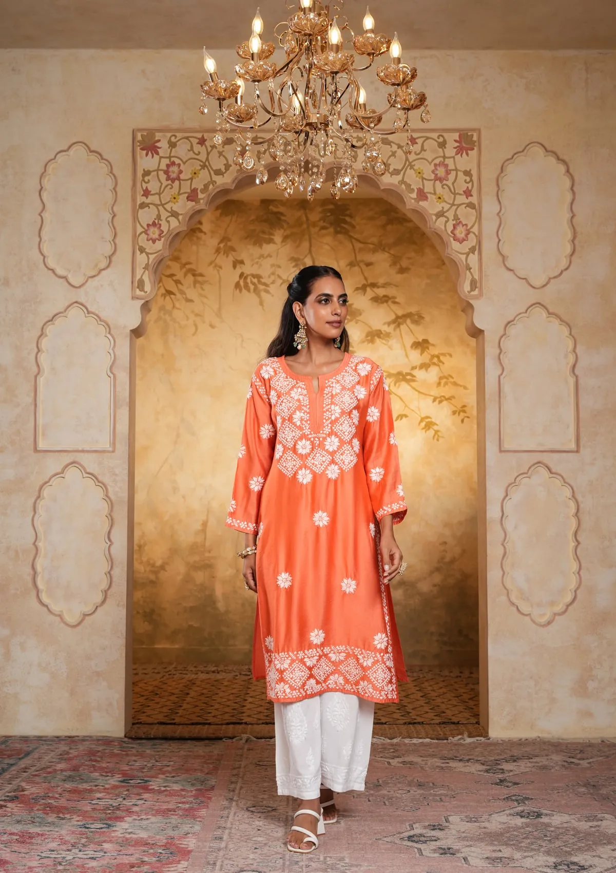 Chanderi Chikankari Solid Women's Long Kurta - Peach