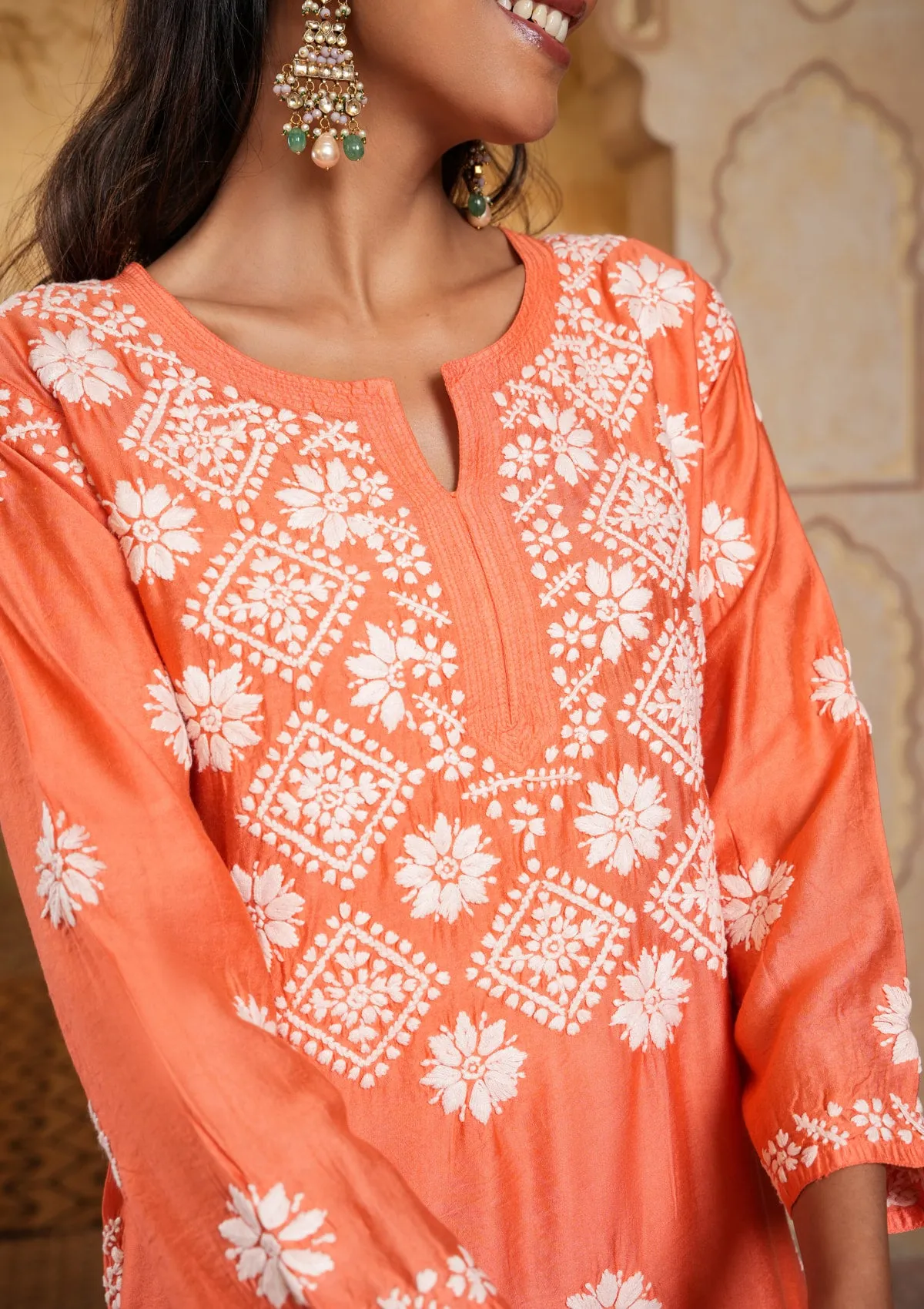 Chanderi Chikankari Solid Women's Long Kurta - Peach