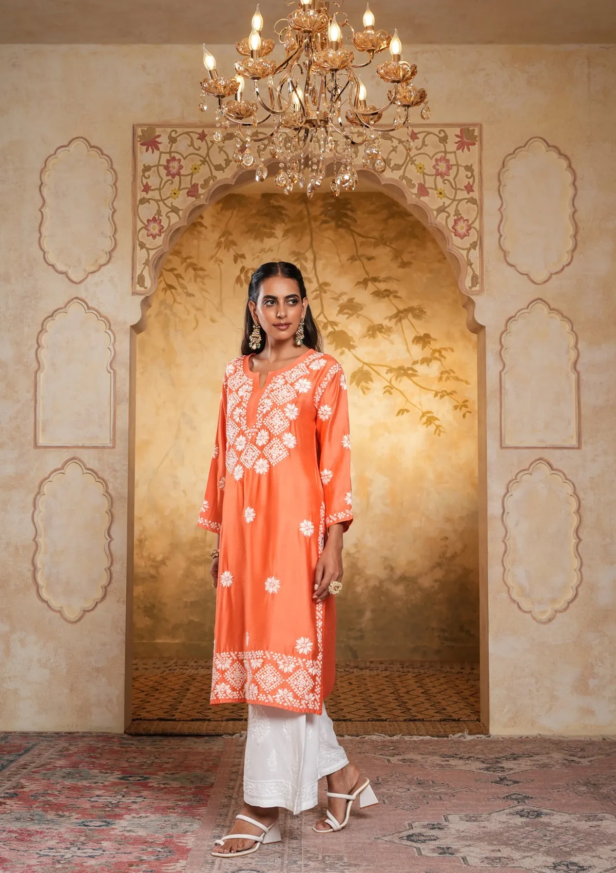 Chanderi Chikankari Solid Women's Long Kurta - Peach