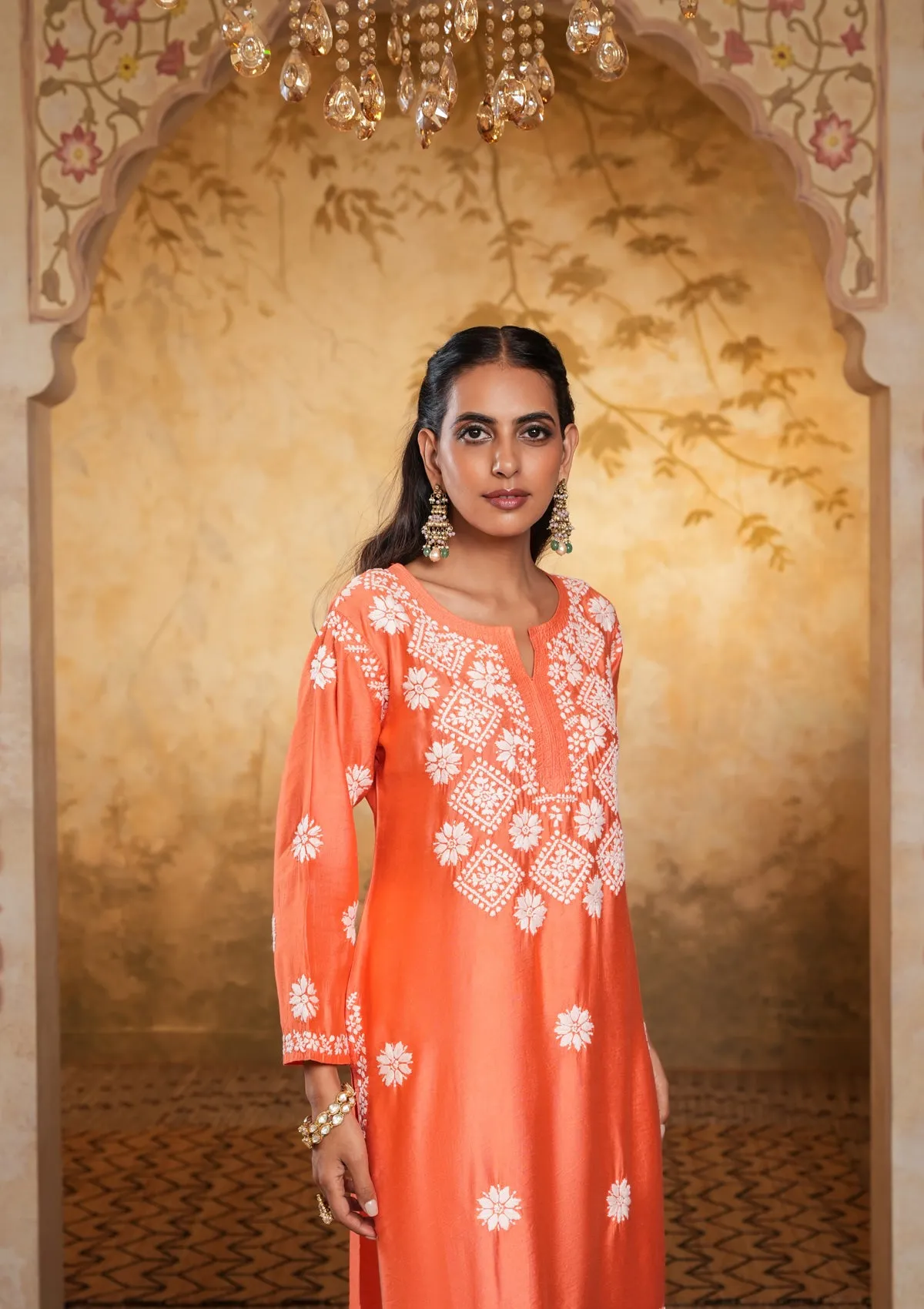 Chanderi Chikankari Solid Women's Long Kurta - Peach