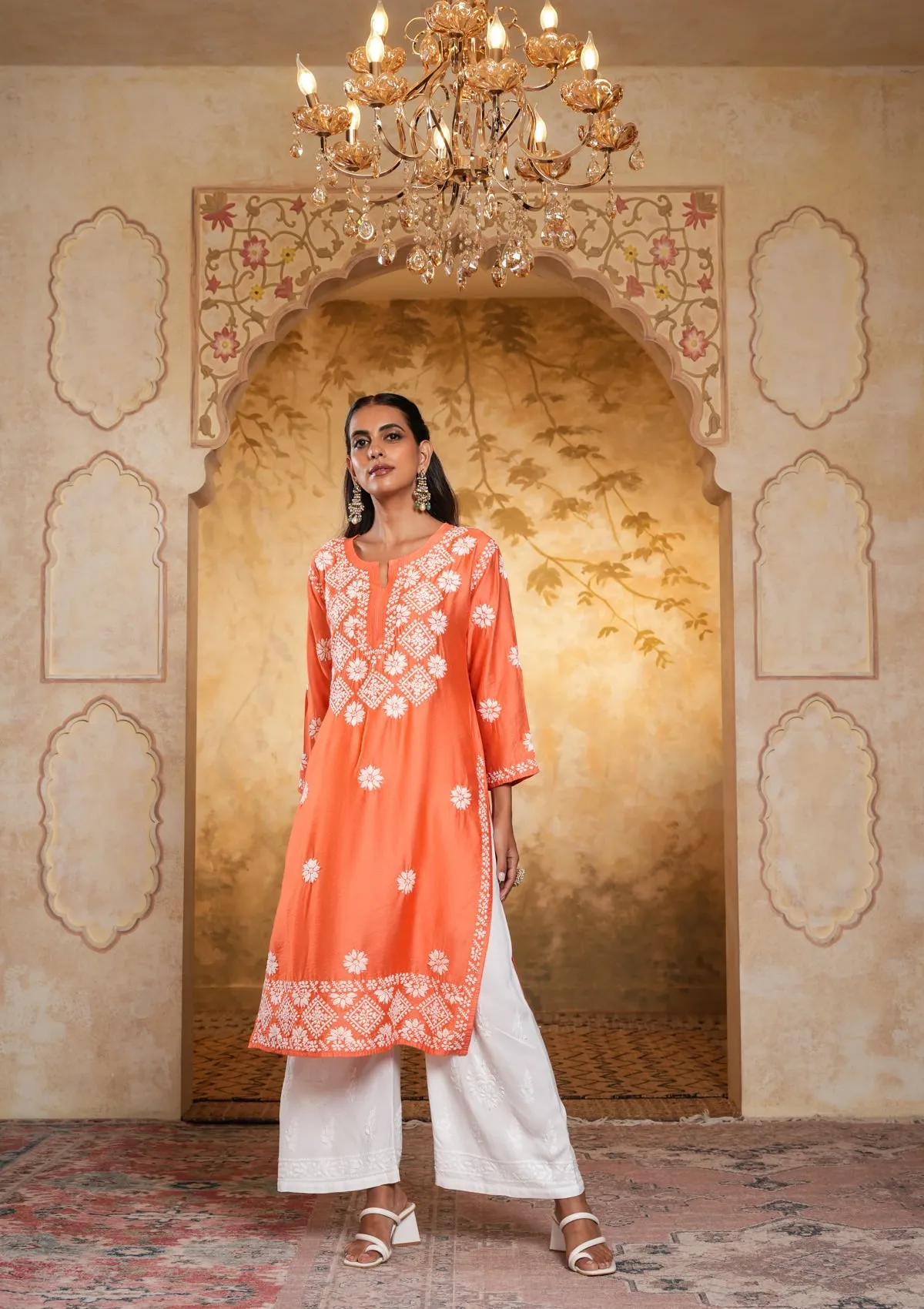 Chanderi Chikankari Solid Women's Long Kurta - Peach