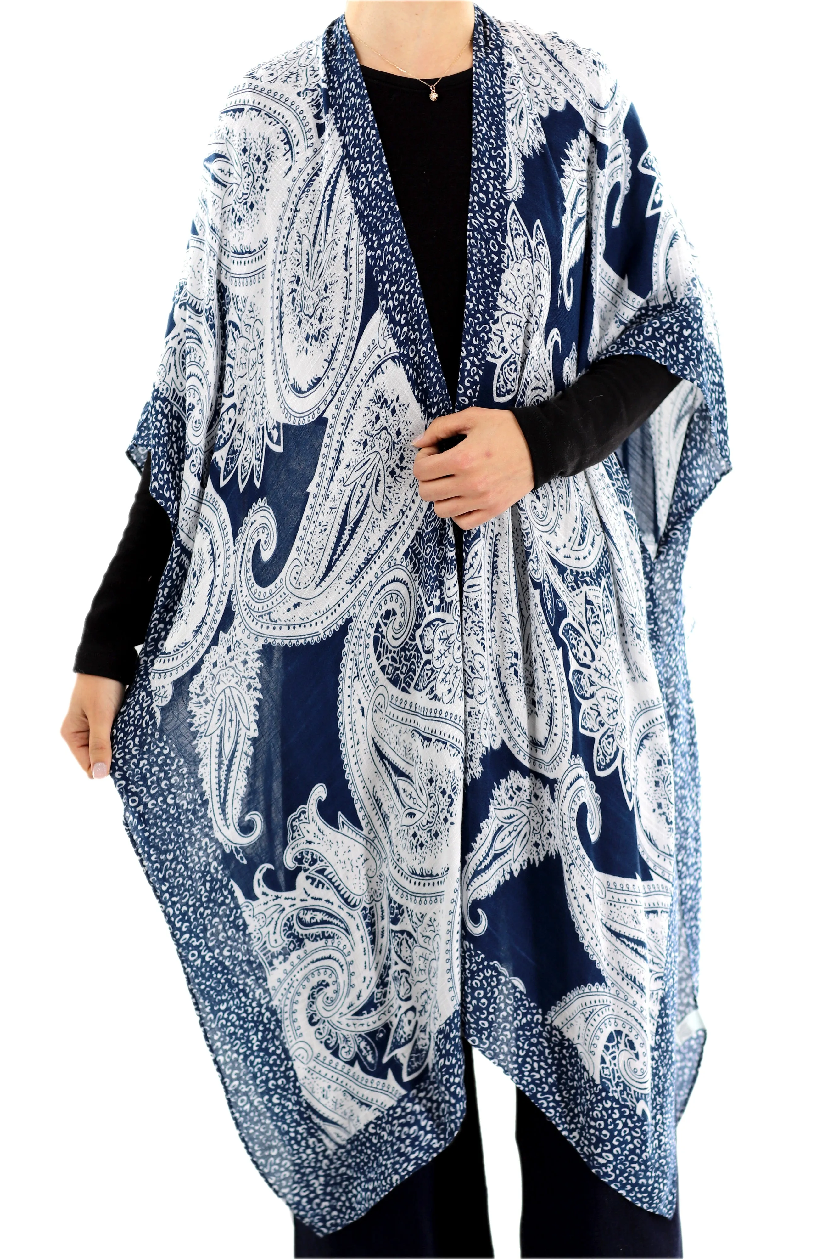 Classic Spring Kimono - Navy Blue Paisley Design - One Size (40x75in)