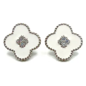 Clover Center White Enamel Clover Shape Silver Earrings