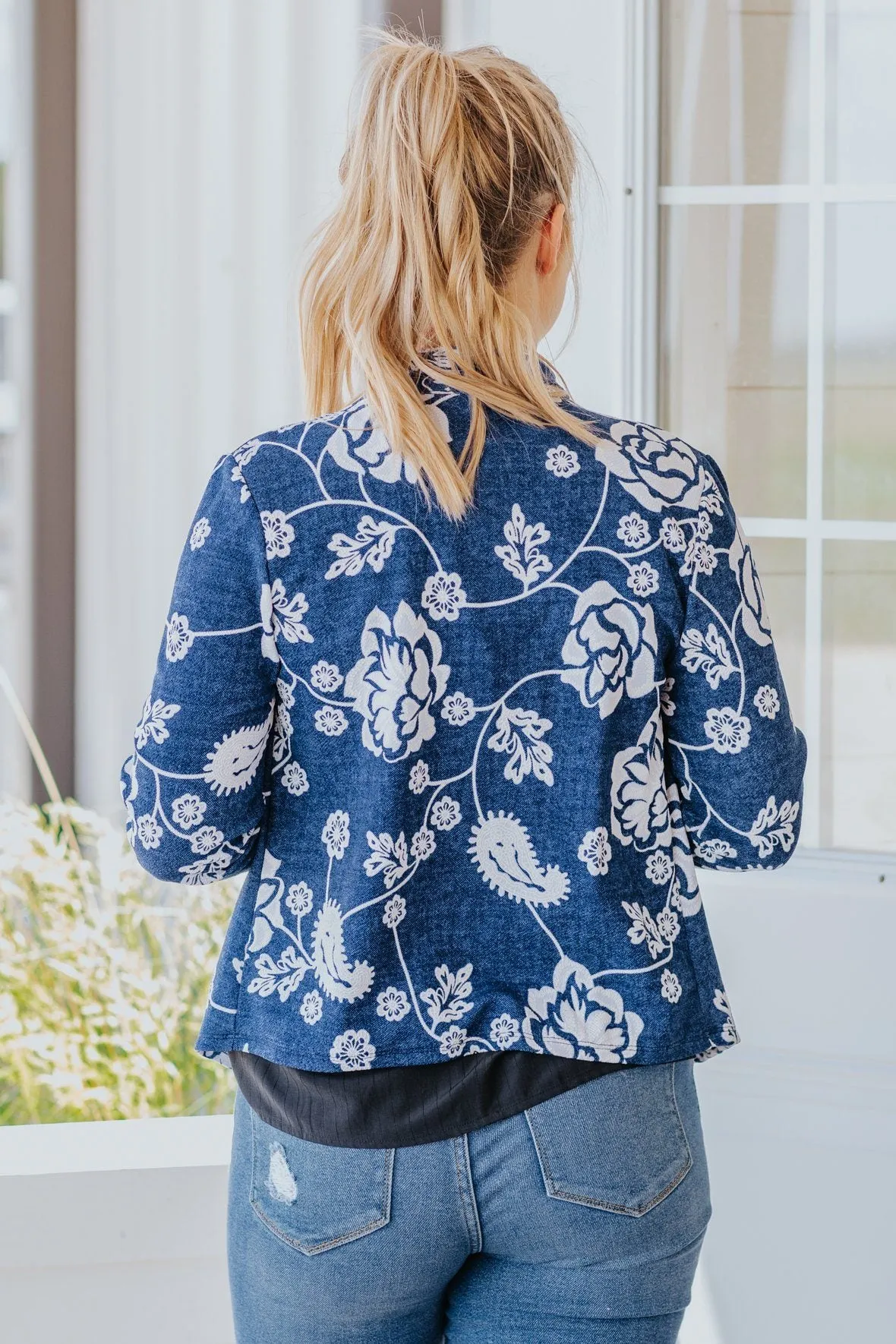 Come With Me 3/4 Sleeve Fitted Style Blazer Jacket in Denim Blue