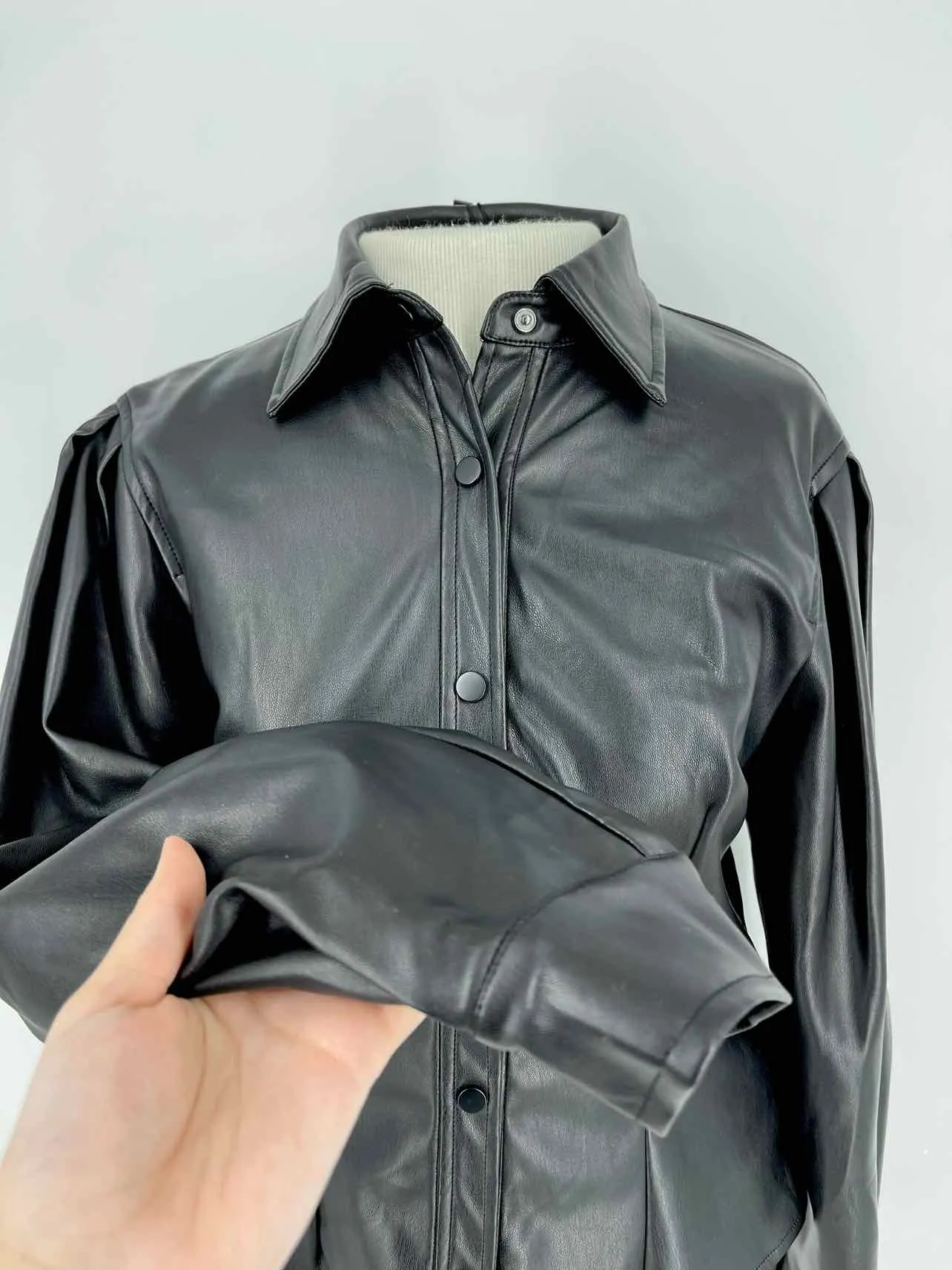 En Saison Size S Black Faux Leather NEW Designer Blouse