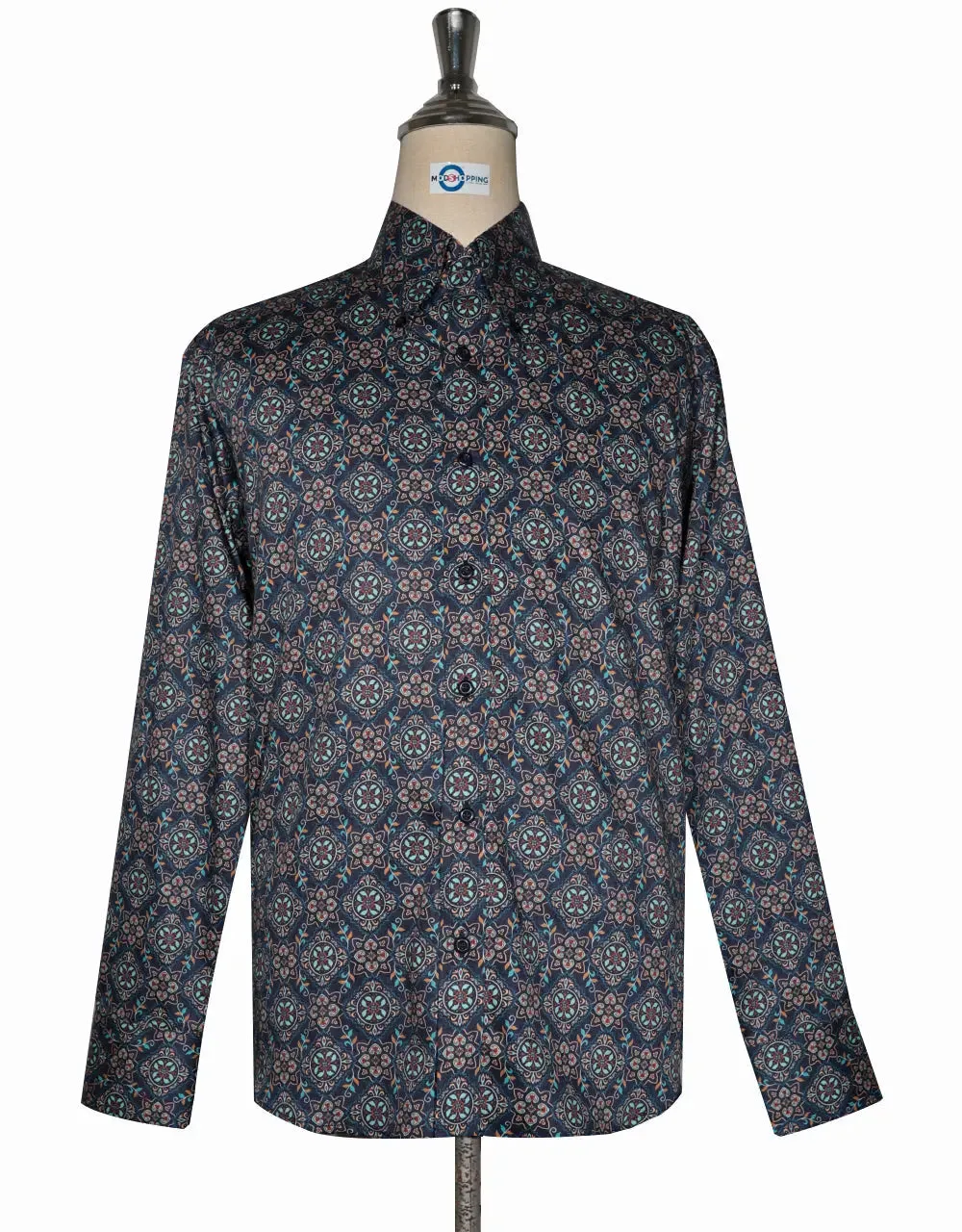 Floral Shirt - 60s  Style Navy Blue Floral Shirt