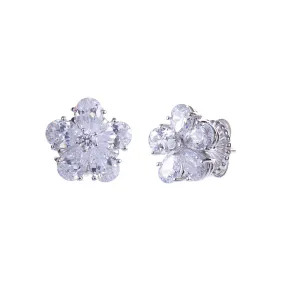 Flower Shape CZ Stud Earrings - Silver