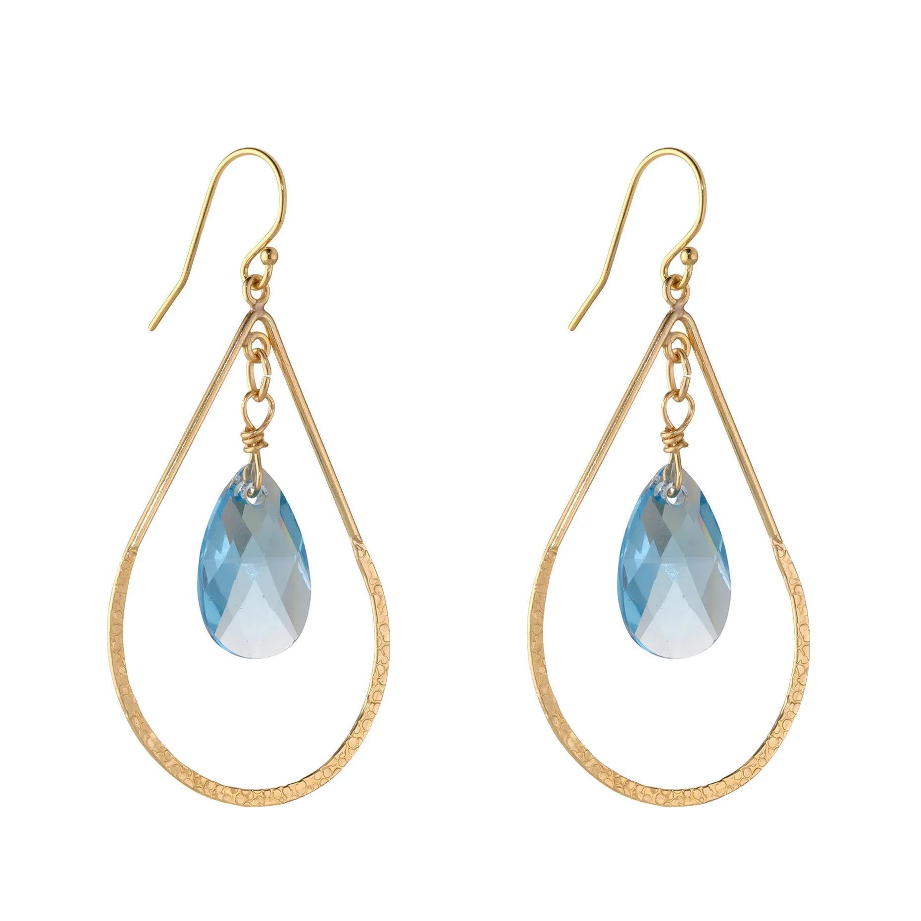 Gold Filled 16mm Aquamarine Crystal Hammered Teardrop Earrings