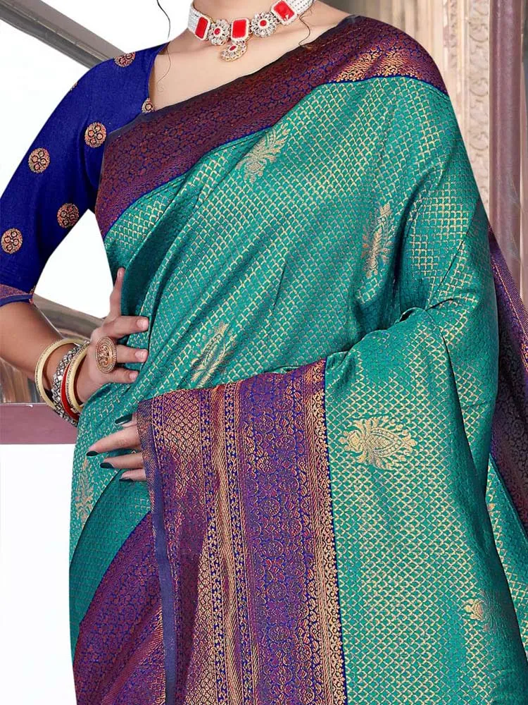 Gorgeous Art Silk Wedding Saree in Elegant Peacock green & Navy blue - Exclusive Fancy Collection at ₹795!