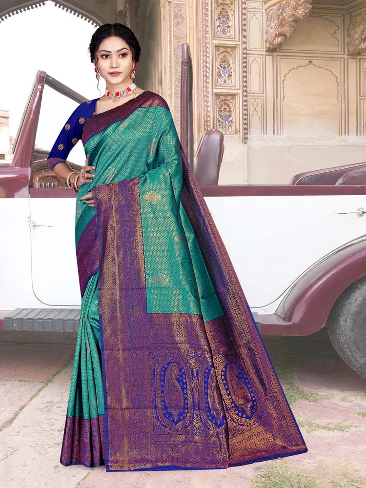 Gorgeous Art Silk Wedding Saree in Elegant Peacock green & Navy blue - Exclusive Fancy Collection at ₹795!