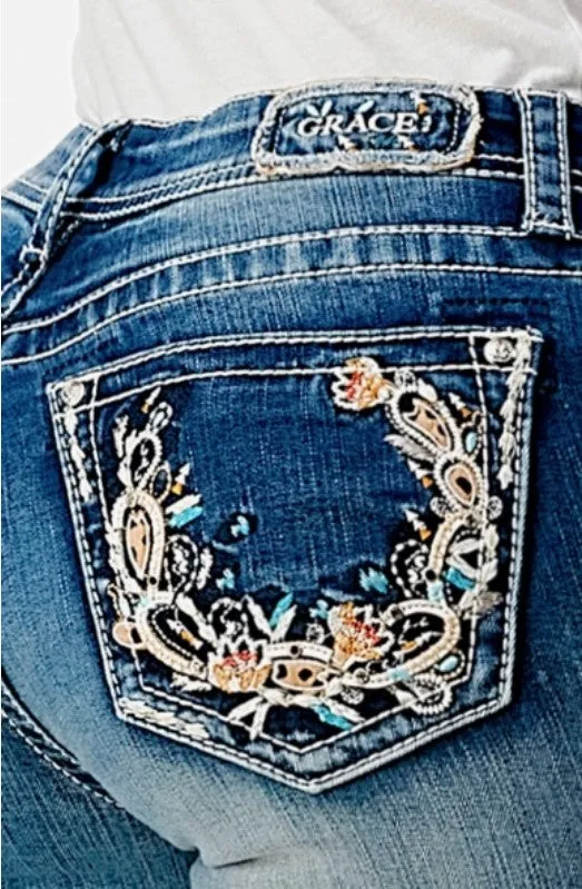 Grace Jeans Floral Embellished Easy Boot Cut Jeans EB-51758