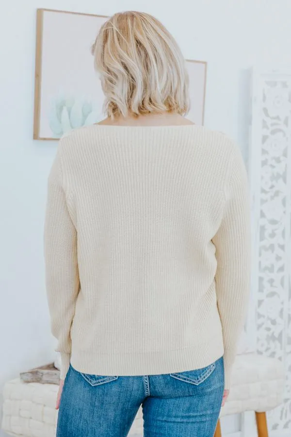 Have You Ever Knit Lace V Neck Long Sleeve Sweater in Khaki