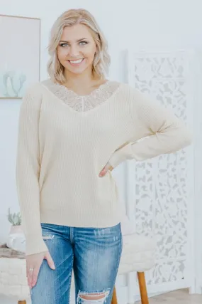 Have You Ever Knit Lace V Neck Long Sleeve Sweater in Khaki