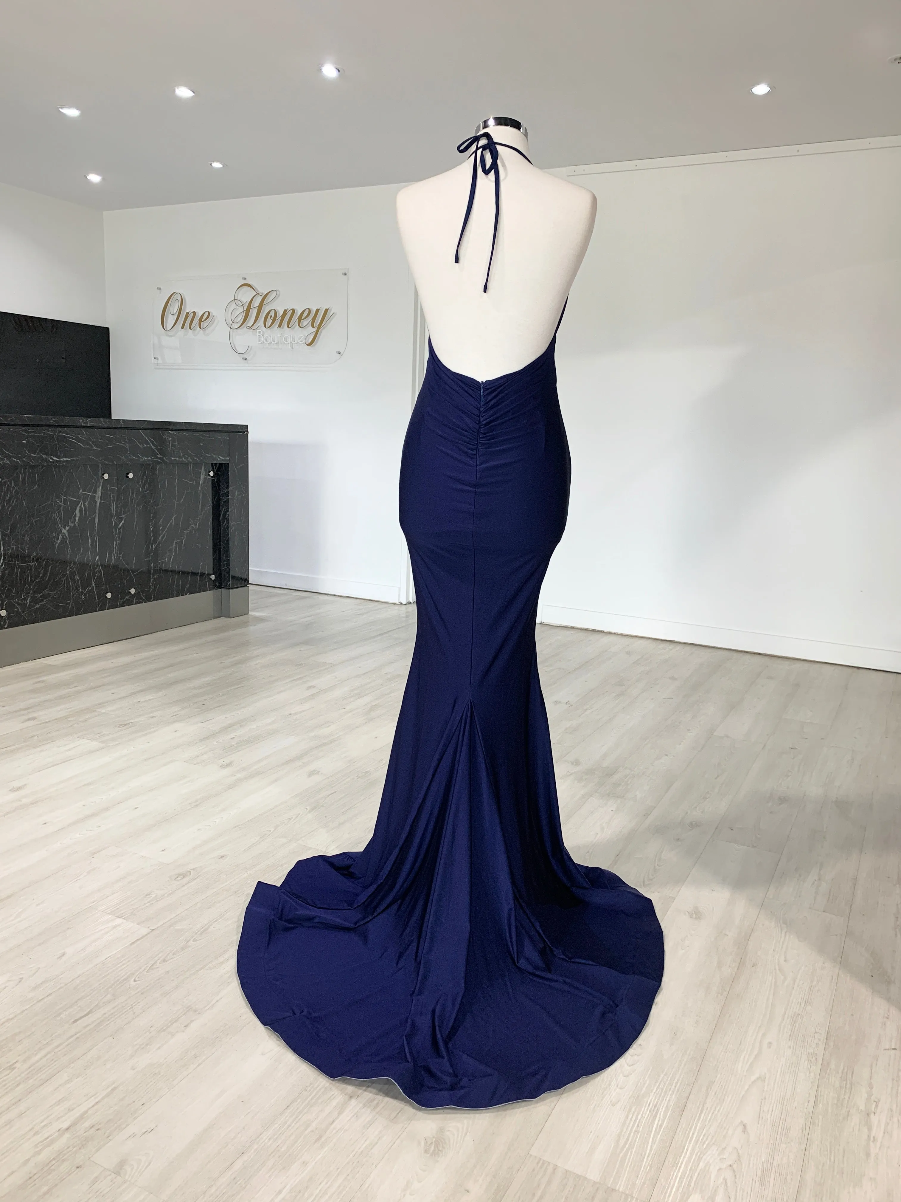 Honey Couture ARIANA Navy Blue Low Back Mermaid Evening Gown Dress