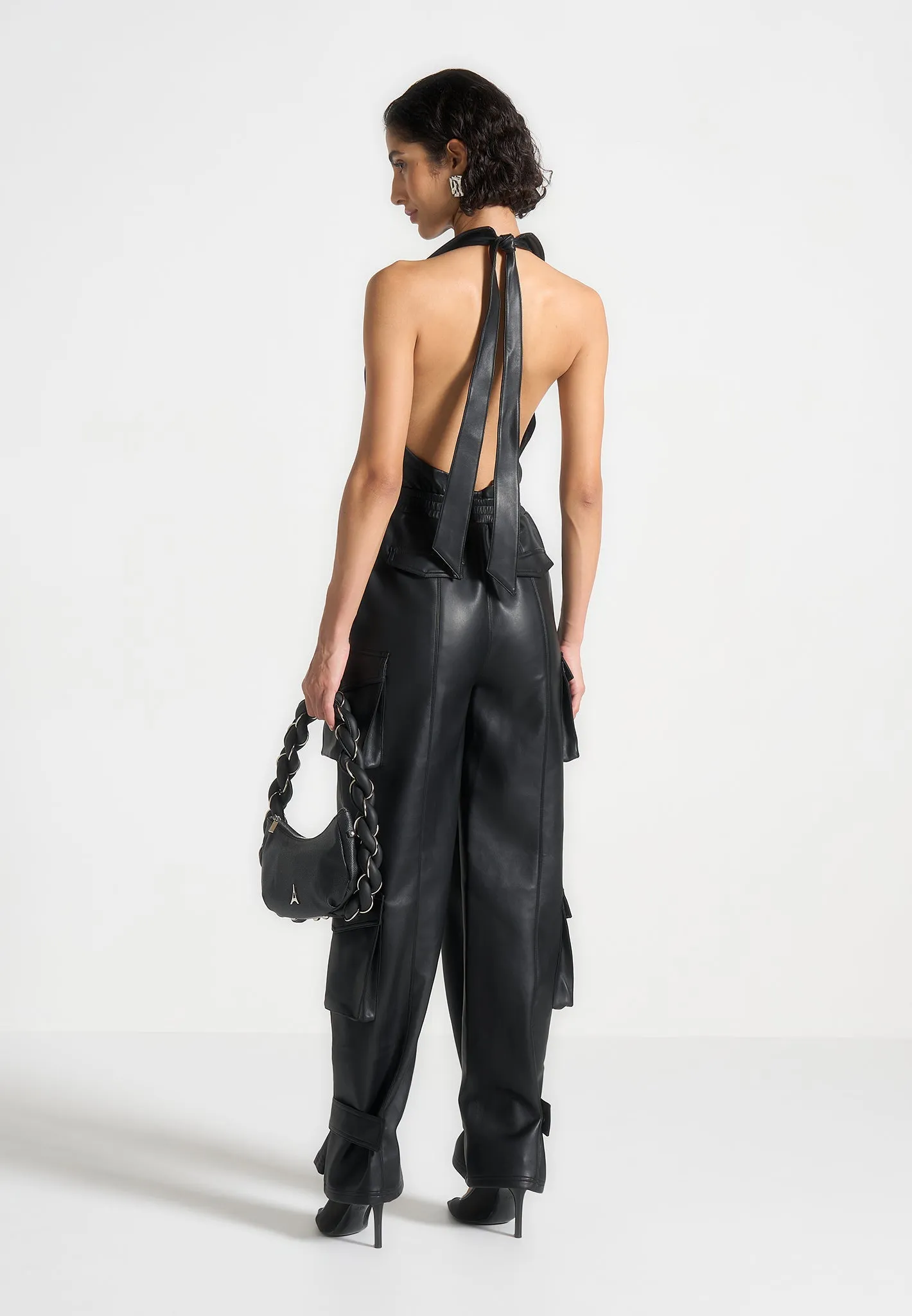 Leather Halterneck Cargo Jumpsuit - Black