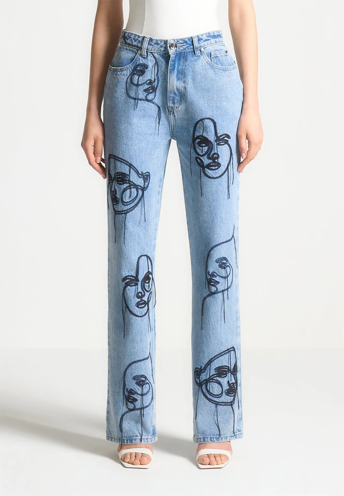 Line Art Boyfriend Jeans - Mid Blue