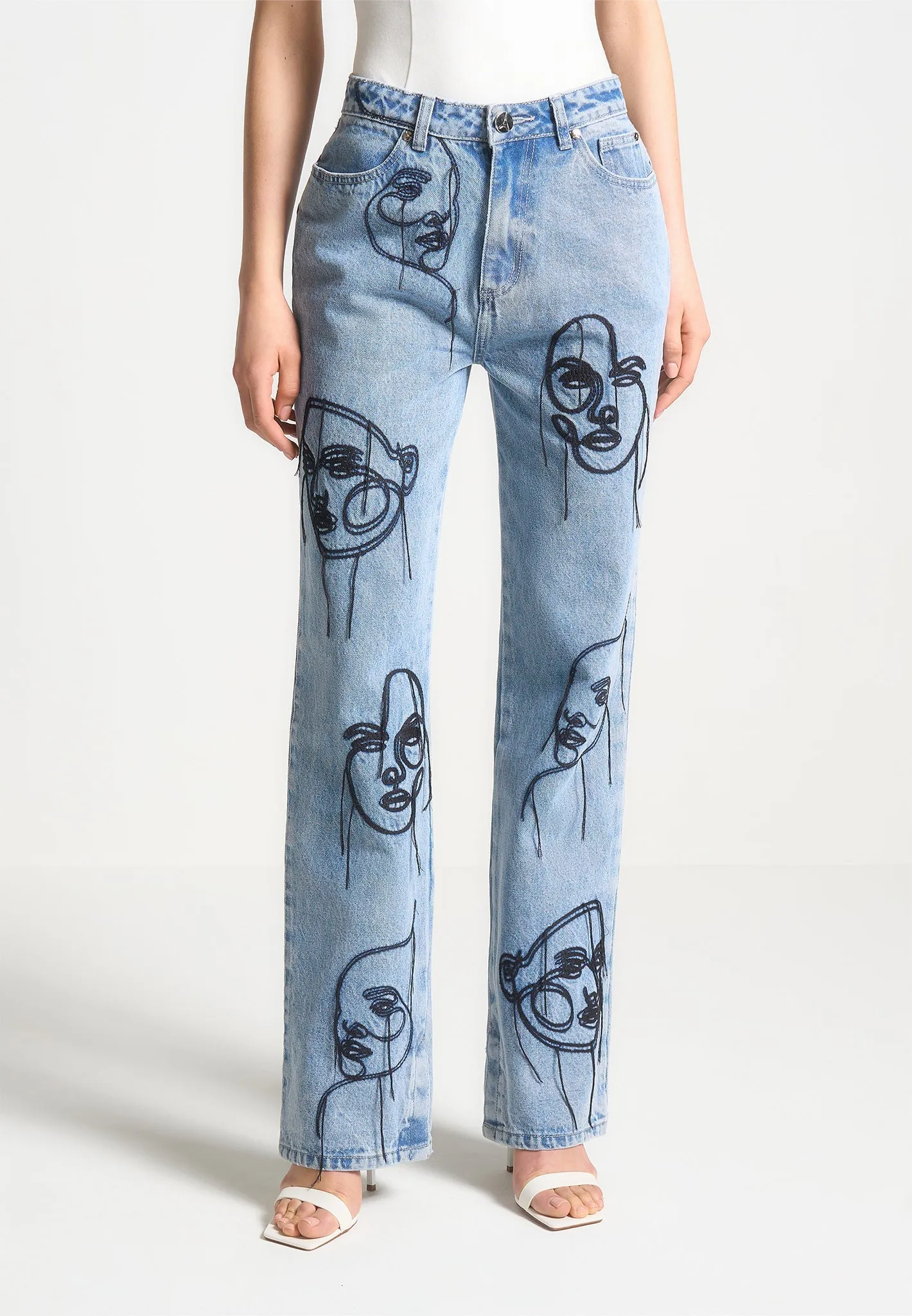 Line Art Boyfriend Jeans - Mid Blue